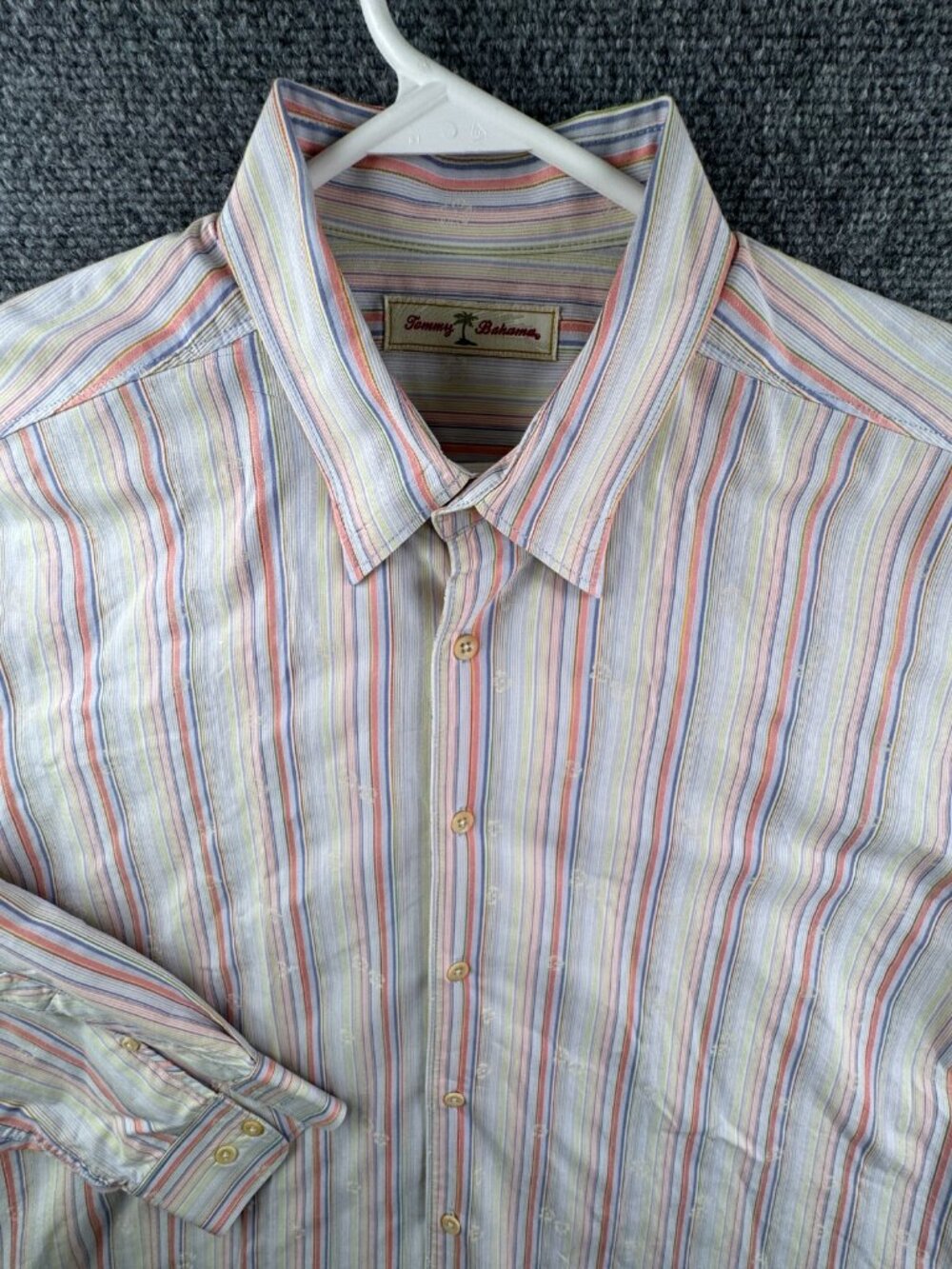 Tommy Bahama Button Up Shirt Mens Large Striped Cotton Long Sleeve Colorful Pink